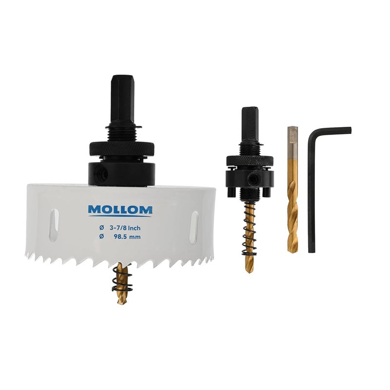 Mollom (98.5mm | 3-7/8") HSS M42 with 8% Cobalt BI-Metal Hole Saw with 2 Pilot Drill Bits & Arbor Smooth Cutting for PVC,Drywall,Wood,Plastic,Gypsum Board,Rubber - Image 1